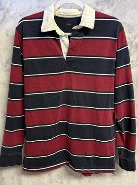 Rugby Striped Red Blue Long Sleeve Polo Shirt Mens Medium